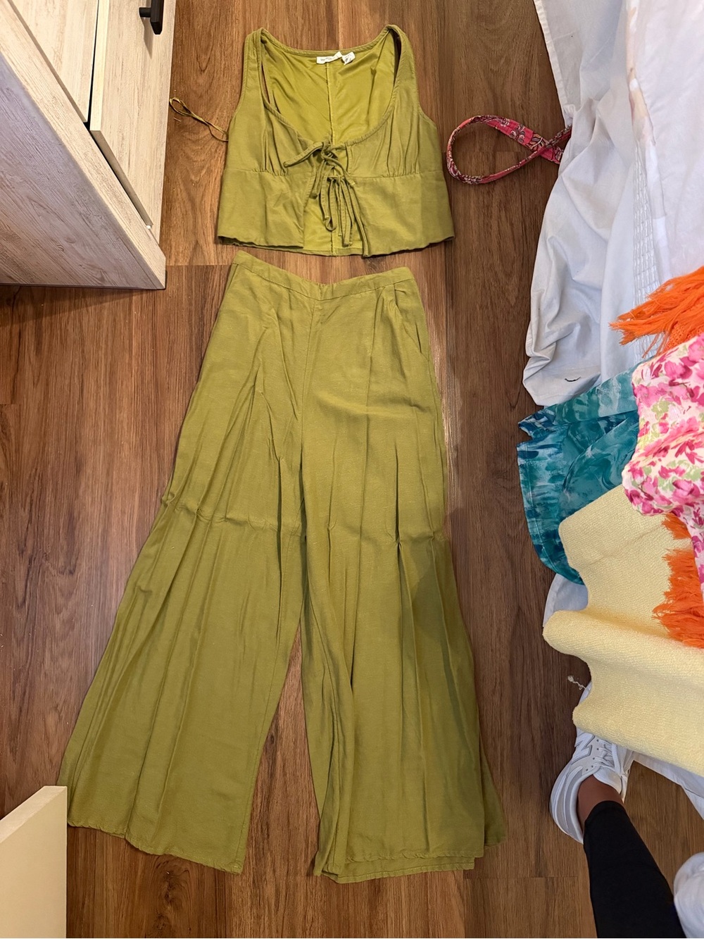 Olive Green Wide-Leg Pants with Matching Tie-Front Tank Set
